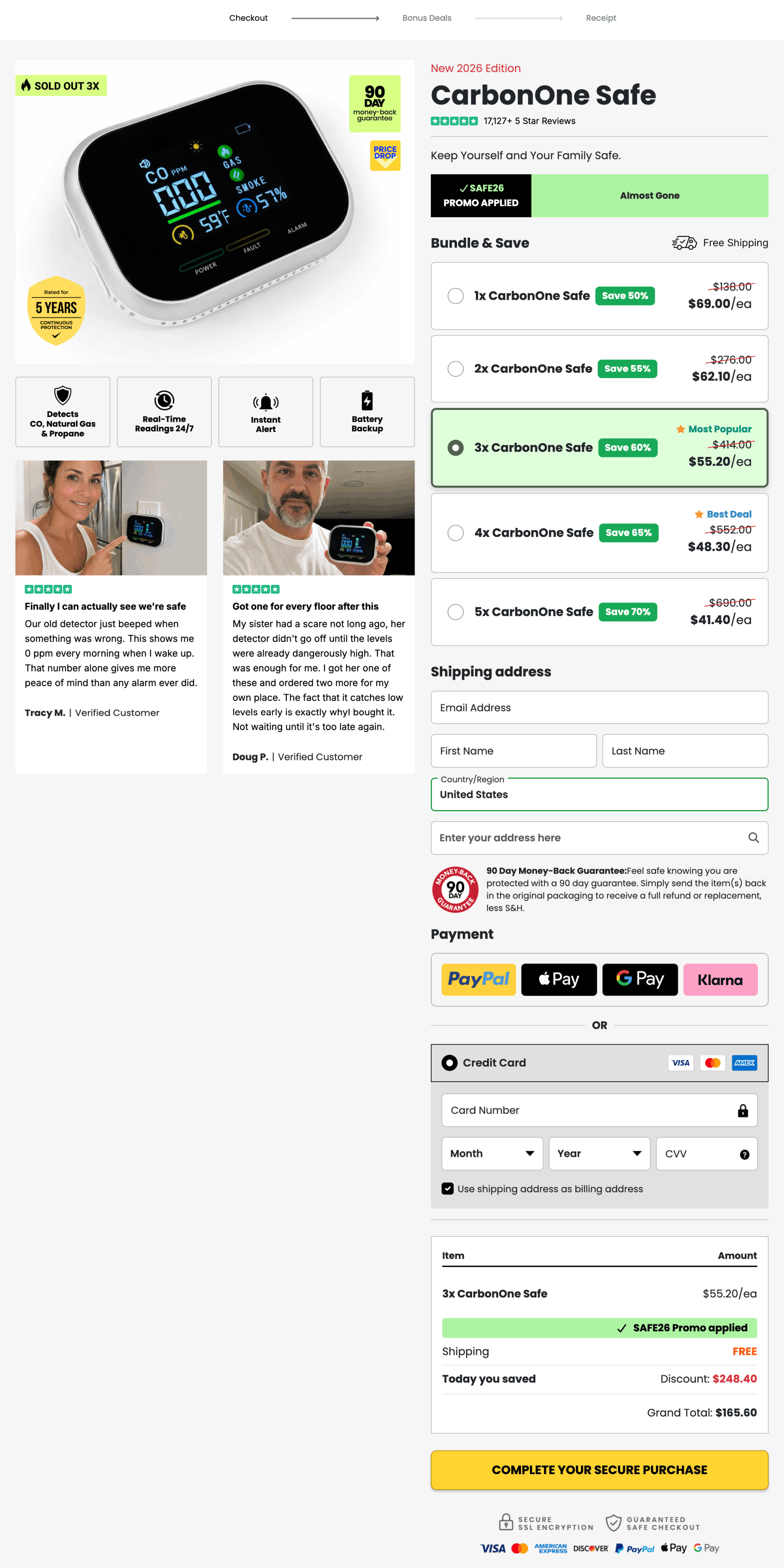 Carbon One Safe Carbon Monoxide Detector Official Secure checkout page